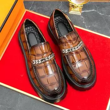 Мужские мокасины с узором из искусственной кожи, толстая подошва с круглой головкой, металлическая цепочка, деловая повседневная мужская обувь, большой размер 38-46 38 чёрный