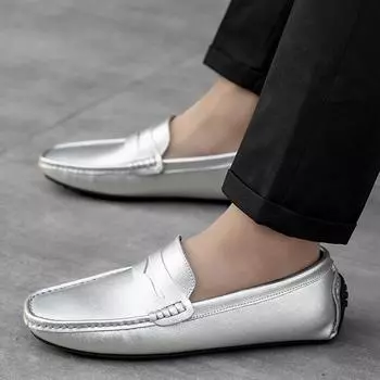 Мужские мокасины серебристые туфли для вождения Gommino Comfort Flats повседневные слипоны больших размеров белые кожаные туфли для мужчин over size EU: 38 чёрный