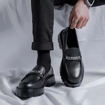 Мужские мокасины Spring Chain Loafers с одной педалью на платформе и толстом каблуке в британском стиле, маленькие кожаные туфли 18621-R 38 чёрный