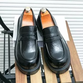 Мужские мокасины, увеличивающие рост, классические кожаные туфли на толстой подошве с криперами на платформе с круглым носком, деловые туфли EU: 38 чёрный