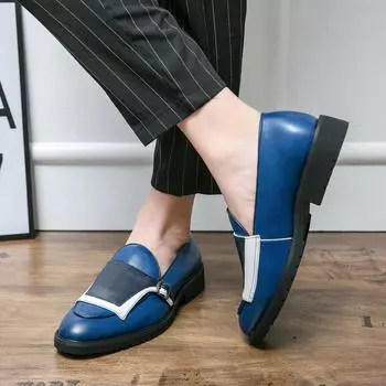 Мужские монки контрастного цвета, лоферы, синие, модные туфли с крылышками, повседневные, стильные, формальные, кожаные блейзеры для выпускного, танцевальные туфли в стиле диско, большой размер EU:40 синий