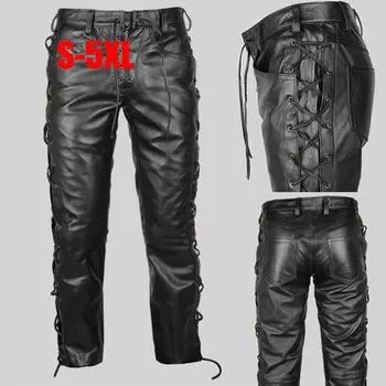 Мужские мотоциклетные байкерские длинные брюки на шнуровке из синтетической кожи, брюки для ночного клуба XXXXXL чёрный