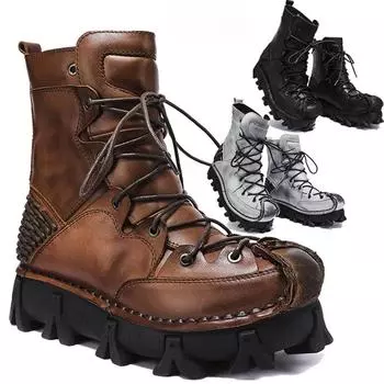 Мужские мотоциклетные ботинки, толстый каблук, натуральная кожа, тактические ботинки, мужские ковбойские инженерные ботинки в готическом стиле с круглым носком и черепом длиной до середины голени 38