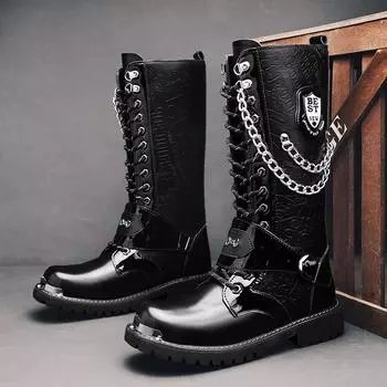 Мужские мотоциклетные ботинки в британском стиле из металла на толстой платформе, зимние, ретро, с боковой молнией, увеличивающие высоту голенища, рабочие туфли 38 чёрный