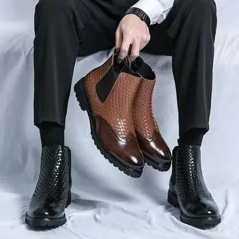 Мужские мотоциклетные ботинки в стиле ретро, уличные ботинки, челси, смокинг, свадебные мужские ботинки, высокие мужские ботинки больших размеров EU:38 чёрный