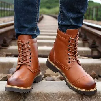 Мужские мотоциклетные ботинки зимние черные классические кожаные уличные ботинки с мехом для мужчин Большие размеры высокие походные ботинки EU:38 чёрный