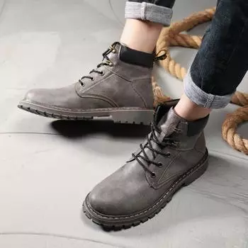 Мужские мотоциклетные ботинки зимние черные кожаные уличные ботинки с мехом для мужчин Большие размеры высокие походные ботинки EU:38 чёрный