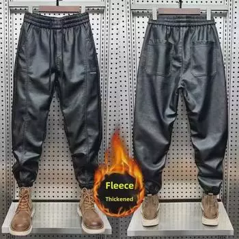 Мужские мотоциклетные штаны из плюшевой утолщенной кожи: Ветрозащитные, теплые, повседневные брюки на осень/зиму XL [For 135-145 kg]