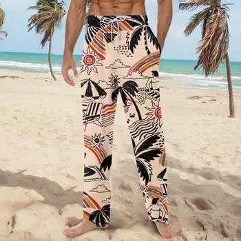 Мужские мягкие домашние пижамные штаны с гавайским принтом, повседневные спортивные штаны с завязками XS