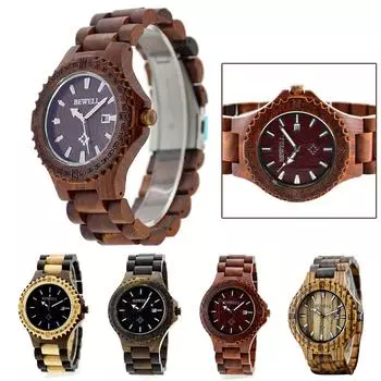 Мужские наручные часы Bewell из натурального дерева, кварцевые часы с датой и коробкой