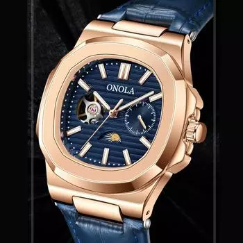 Мужские наручные часы Business Hollow Moon Phase Flywheel Automatic Mechanical Watch Luminous Waterproof Leather Watch Men s Clock ярко-розовый/синий