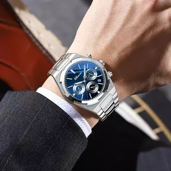 Мужские наручные часы деловые водонепроницаемые мужские часы с подсветкой даты из нержавеющей стали кварцевые мужские часы-хронограф синий