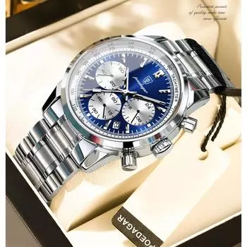 Мужские наручные часы класса люкс из нержавеющей стали мужские кварцевые часы для мужчин хронограф водонепроницаемые светящиеся часы с датой синий/серебряный