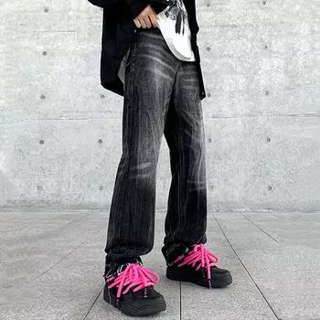 Мужские негабаритные 5XL Y2K черные джинсовые прямые брюки повседневные брюки мужские корейские уличные хип-хоп винтажные широкие мешковатые джинсы для мужчин S чёрный