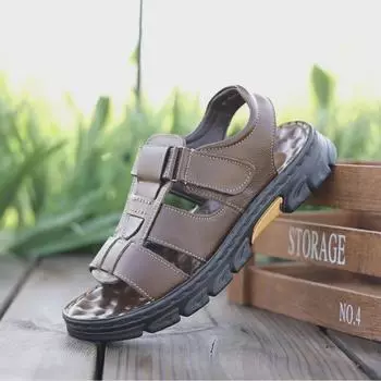 Мужские нескользящие кожаные сандалии на толстой подошве для пляжа и отдыха на природе 45 чёрный