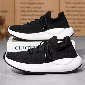 Мужские нескользящие прогулочные кроссовки Легкие дышащие кроссовки без шнуровки Спортивная спортивная теннисная обувь Летающие вязаные беговые кроссовки для мужчин 39 чёрный