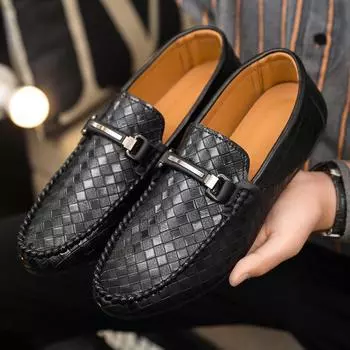 Мужские низкие дышащие кожаные мокасины - черные повседневные рабочие туфли 44