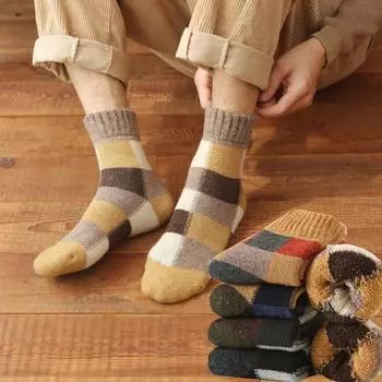 Мужские носки Retro Checkered Plus Velvet из теплой шерсти Terry Mid-Tube One Size тёмно-синий