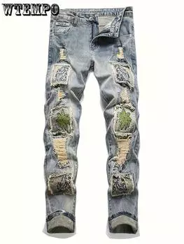 Мужские новинки в стиле панк-хип-хоп с рваными заплатками и вышивкой, модные удобные джинсы с карманами на весну, лето, осень 29 синий