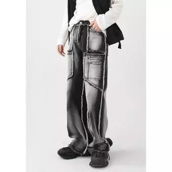 Мужские новые джинсы в стиле ретро со старыми рваными краями и прямыми рукавами, сращенные с краями S чёрный