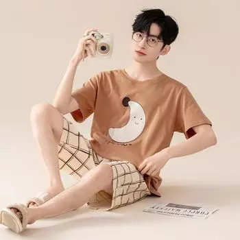 Мужские новые хлопковые тонкие пижамы, летний свободный костюм с короткими рукавами, домашняя одежда L чёрный