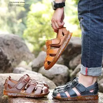 Мужские новые кожаные туфли, мужские сандалии из натуральной кожи, сандалии с капюшоном, подошва из коровьей кожи, повседневная пляжная обувь Two on, модная мужская обувь 38 чёрный
