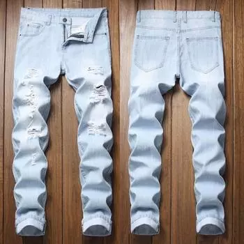 Мужские новые модные эластичные рваные индивидуальные джинсовые брюки 34 светло-синий
