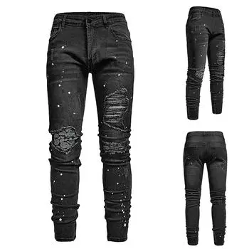 Мужские новые модные эластичные рваные индивидуальные джинсовые брюки L чёрный
