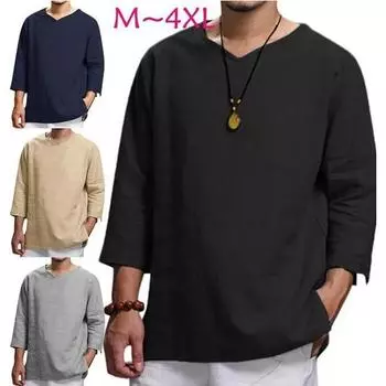 Мужские новые модные свободные рубашки с рукавом 3/4 с v-образным вырезом, дышащие льняные повседневные рубашки, мужские топы 4XL чёрный
