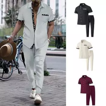 Мужские новые молодежные рубашки с воротником-лацканами и однотонными пуговицами и короткими рукавами, спортивные костюмы и брюки S серый