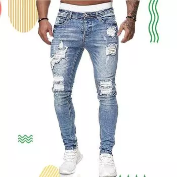 Мужские новые ретро рваные узкие джинсы-карандаш с маленькой ногой для мужчин, уличные байкерские джинсы, эластичные прямые повседневные узкие джинсы, мужские брюки S синий
