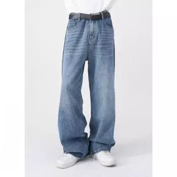 Мужские новые свободные прямые брюки из денима с полуэластичной талией S чёрный