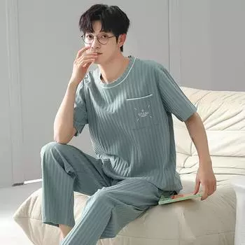 Мужские новые весенние и летние тонкие брюки с короткими рукавами, пижамы для отдыха, домашний костюм большого размера L чёрный