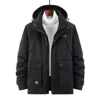 Мужские новые зимние многокарманные мужские хлопковые пальто свободные большие размеры съемная шапка мужские хлопковые пальто M