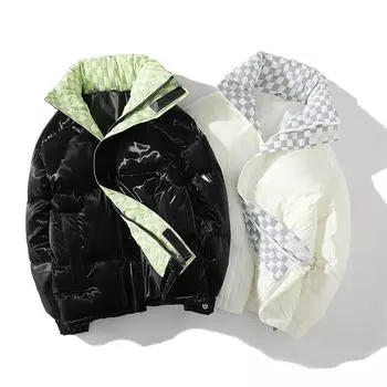 Мужские новые зимние пуховики для мужчин и женщин, шахматная пара, модный бренд, воротник-стойка, теплые блестящие молодежные куртки для мужчин S