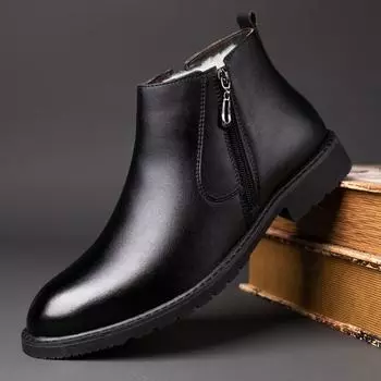 Мужские новые зимние теплые кашемировые кожаные туфли «Челси» в деловом стиле, повседневные, высокие хлопковые туфли D560 38 чёрный