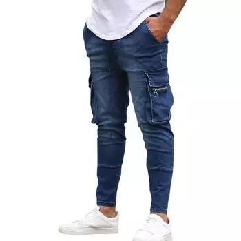 Мужские облегающие эластичные джинсы, повседневные модные джинсовые брюки-карго с несколькими карманами, мужские джинсы High Street, рабочие брюки в стиле хип-хоп XXXL чёрный