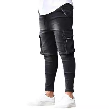 Мужские облегающие эластичные джинсы, повседневные модные джинсовые брюки-карго с несколькими карманами, мужские джинсы High Street, рабочие брюки в стиле хип-хоп S синий
