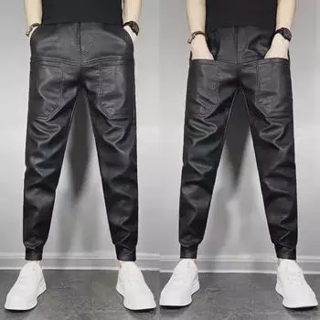 Мужские облегающие эластичные кожаные шаровары с множеством карманов для осенне-зимнего байкерского стиля XL чёрный