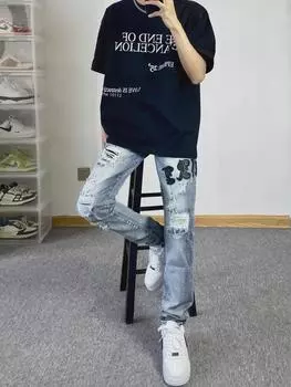 Мужские облегающие джинсы Anir с вышивкой — модный студенческий стиль, облегающие и универсальные 3XL (recommended 80-90 kg)