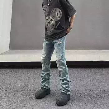 «Мужские облегающие джинсы прямого кроя с потертостями синего цвета — модный уличный стиль» XL синий