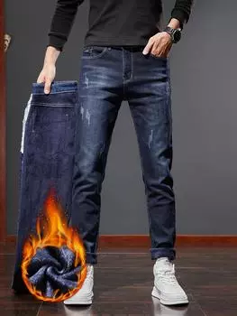 Мужские облегающие джинсы с флисовой подкладкой и вышитой нашивкой, не промокают — теплый эластичный деним для осени/зимы 28