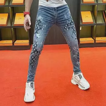 Мужские облегающие джинсы с принтом граффити – Европейская мода, коллекция весна/лето 2024 г., стираные и эластичные 33 (suggested for 145-155 catties)