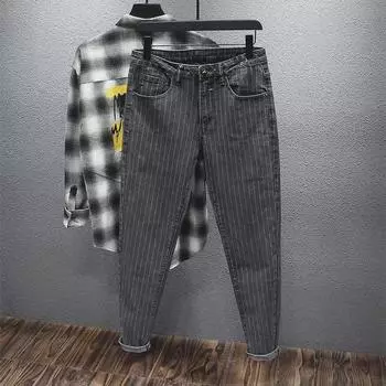 Мужские облегающие джинсы в вертикальную полоску в корейском стиле - модные эластичные узкие брюки весна/лето 27 (Suggested 80-90 kg)