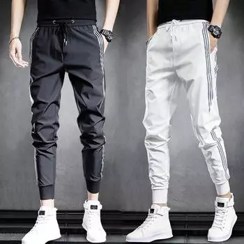 Мужские облегающие полосатые быстросохнущие летние повседневные брюки в корейском стиле с манжетами 3XL