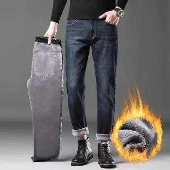 Мужские облегающие прямые эластичные брюки с добавлением флиса и толстой структурой для осени и зимы, новые теплые длинные брюки 28