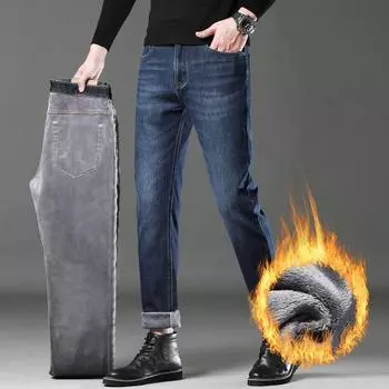 Мужские облегающие прямые эластичные брюки с добавлением флиса и толстой структурой для осени и зимы, новые теплые длинные брюки 28