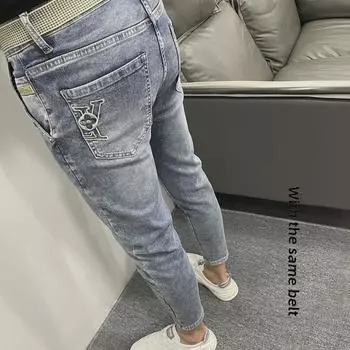 Мужские облегающие светло-голубые джинсы с косыми карманами, модные эластичные повседневные брюки Nine-Point 33 [Recommended 145-155 jin]