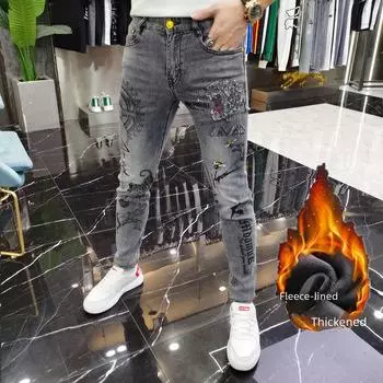 Мужские облегающие утолщенные джинсы европейского стиля с бархатом, рисунком в виде головы тигра и яркими бриллиантовыми акцентами для осенне-зимней моды. 28