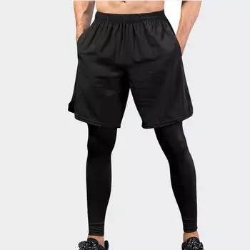Мужские обтягивающие брюки, поддельные двухкомпонентные брюки для фитнеса и занятий спортом, беговые тренировки, повседневные эластичные брюки для быстрой сушки 7010 S чёрный
